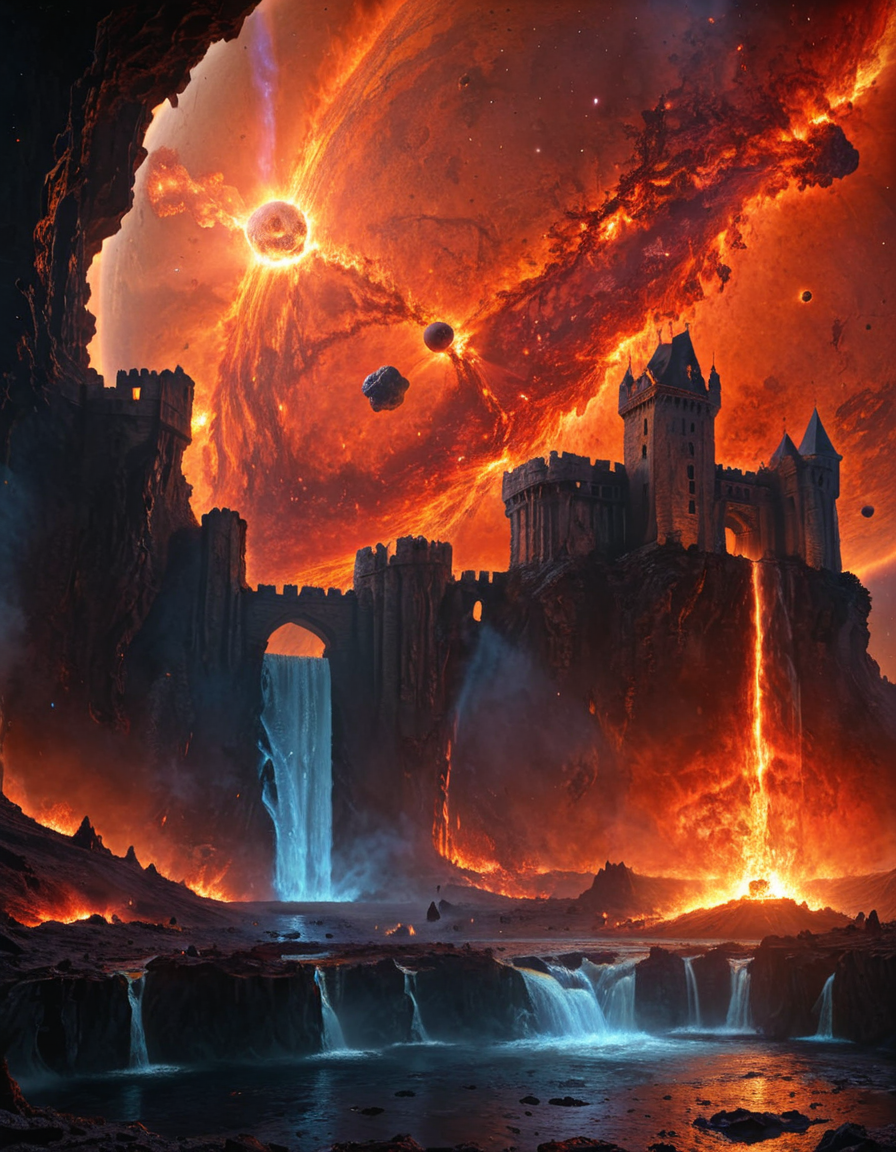 <lora:Medieval_Worlds_Specialxlb:1> mw01out, T0, space, planet, fire on planet, asteroids, fire nebula, castle, waterfall,