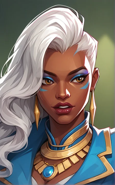 score_9, score_8_up, score_7_up, absurdres, <lora:PONYXL_STYLE_MarvelRivels_ownwaifu:1>, BREAK PONYXL_STYLE_MarvelRivels_ownwaifu, 1girl, long hair, 1boy, jewelry, closed mouth, white hair, male focus, earrings, dark skin, blurry background, facial mark, portrait, dark-skinned female, lips, makeup, depth of field, teeth<lora:add-detail-xl:0.15>,