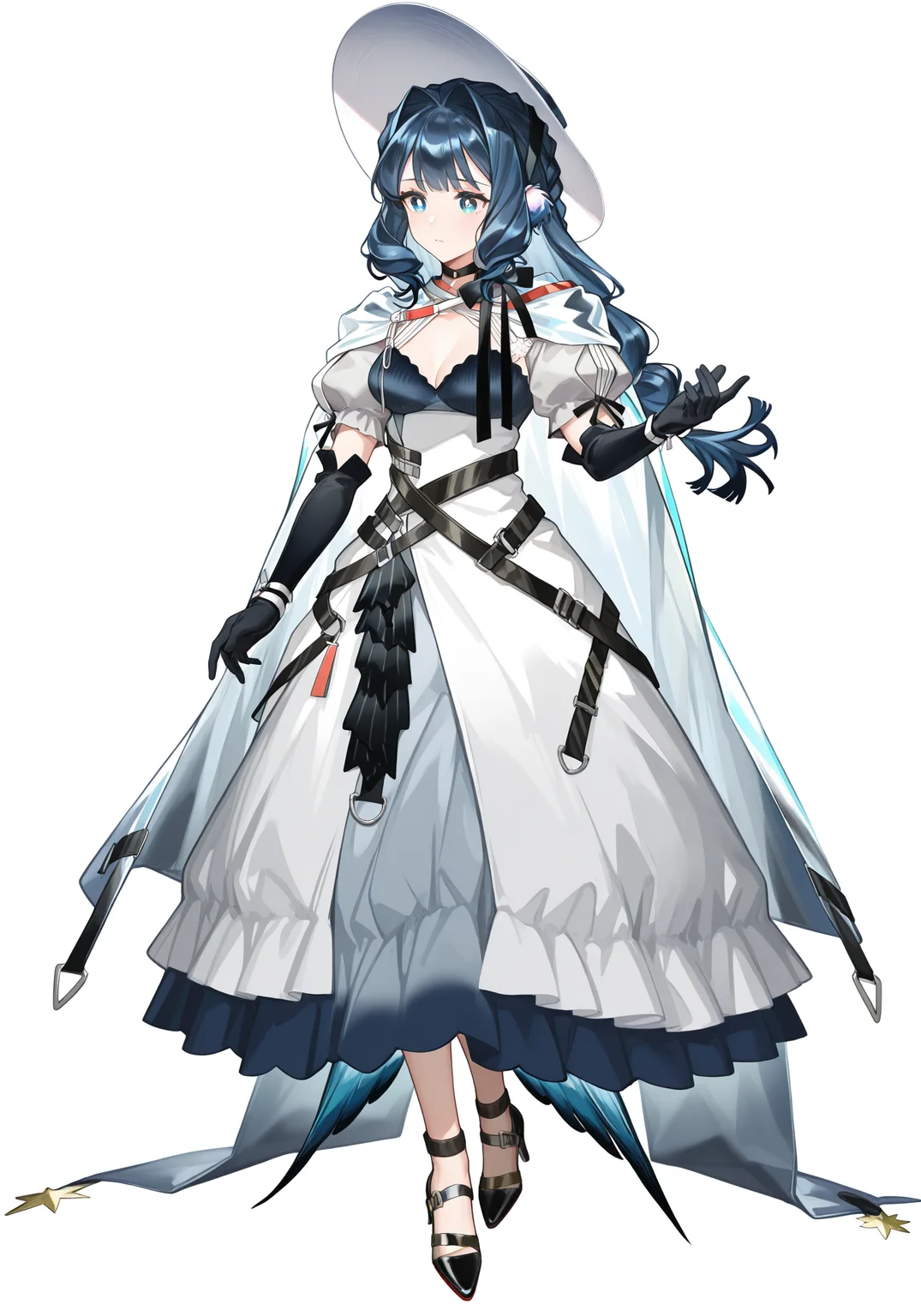 white background,simple background,arknightsgame,masterpiece,best quality,amazing quality,very aesthetic,high resolution,ultra-detailed,absurdres,
1girl,solo,Astesia,blue eyes,white pupil,bird tail,long hair,blue hair,bird girl,medium breasts,
astesia_\(starseeker\)_\(arknights\),multicolored dress,black strappy heels,black elbow gloves,black neck ribbon,wrist straps,white headwear,white cape,
full body,standing,
<lora:AstesiaILREV1.0-000003:1>,<lora:ArknightsGameStyleILV1:0.8>,