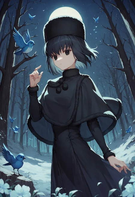 score_9, score_8_up, score_7_up, 1girl alice kuonji, black dress black capelet fur hat, blue bird, hand up, night, forest, dark background, bird on hand
<lora:mahoutsukai_no_yoru_characters_pony:1>