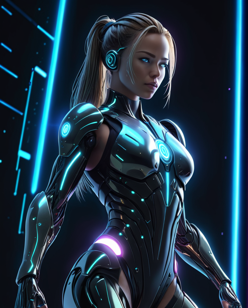 Cybernetics, action movie protagonist, female warrior, virus, cyberspace, repeating patterns, unreal, sound waves, free melody, digital world, reflection, masterpiece, 32k UHD resolution, high quality, professional photography, depth of filed, sci-fi, cinematic angle, cinematic lights, dynamic warrior pose,  <lora:Cyberspace V3_epoch_16:1> cyberspace, ((created by glowing magical energy in cyberspace)),  <lora:add_details_xl:1>