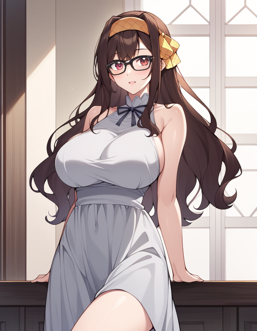 score_9, score_8_up, score_7_up, source_anime, uncensored, <lora:StS_detail_slider_v1:3>, zPDXLxxx, <lora:Yona_Ichogi_PONYXL_VexVexX:1>, YonaIchogi, red eyes, brown hair, long hair, ribbon, hair ribbon, hairband, glasses, black-framed eyewear, medium-large breasts, dress, grey dress, bare shoulders, cowboy shot, bedroom, from back, Stand tall with one leg slightly bent and lean slightly backward, arms gracefully extended, thighs, looking at view