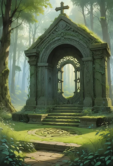 Old altar in the forest with mysterios stouned portal, grass, daylight, atmosphere of relax, by Stewart Edmondson, Thomas Wells Schaller and Nita Engle, meticulous, intricate, entangled, intricately detailed