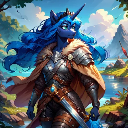 score_9, score_8_up, score_7_up, score_6_up, Princess Luna, anthro pony, female, river, solo, sword, viking armor, chainmail, leather pants, cloak, helmet, FFAOR