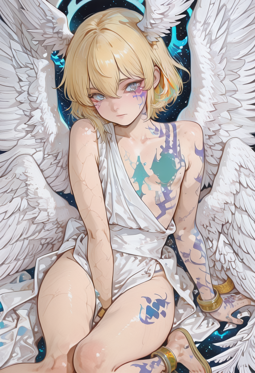 masterpiece, best quality, very aesthetic, absurdres,artist:moriimee,usnr,traditional japanese art BREAK cn-lucemon, blonde hair, blue eyes, head wings, angel wings, white toga, gold bracelet, gold anklet, face tattoo, 1boy, male focus, tattoo on chest, tattoo on arm, tattoo on leg