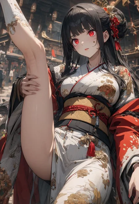 gorgeous lips, cinematic, (masterpiece), (best quality), (ultra-detailed), very aesthetic, illustration, perfect composition, intricate details, absurdres, detailed face, (anime, masterpiece, intricate:1.3), (best quality, hires textures, high detail:1.2), (4k),(incredibly detailed:1.4)  (beautiful detailed face, beautiful detailed eyes) ,extreme details eyes,
anime girls, fullbody,
original characters,
Peaceful, beautiful, stunning, kimono, obi, traditional Japanese beauty, long hair, black hair, hime cut , red eyes, beautiful eyes, STANDING_SPLIT, High Leg Raise, Hands on Legs