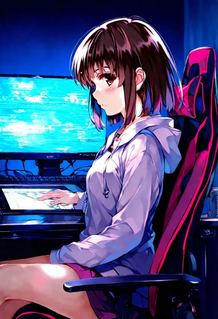 1girl, misaki_kurehito_2, katou megumi, Megumi,brown hair,kato megumi,brown eyes, short hair , medium breasts, solo, Looking at viewer, casual hoodie, comfortable gaming chair, multiple monitors background, RGB lighting effects, focused expression, sitting cross-legged, drawing tablet nearby, modern room setting, side profile view, dramatic lighting, masterpiece, best quality, absurdres, newest, highres, very aesthetic, source_anime