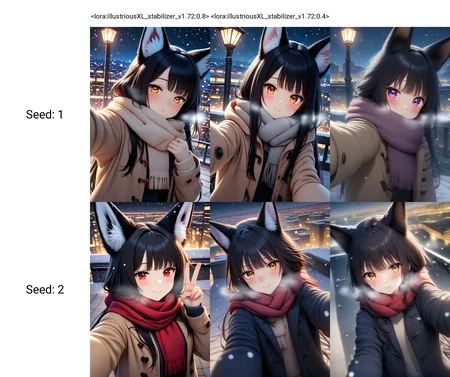 <lora:illustriousXL_stabilizer_v1.72:0.8>1girl,fox ears,black hair,long hair,upper body,coat,scarf,selfie,snowing,cityscape,night,