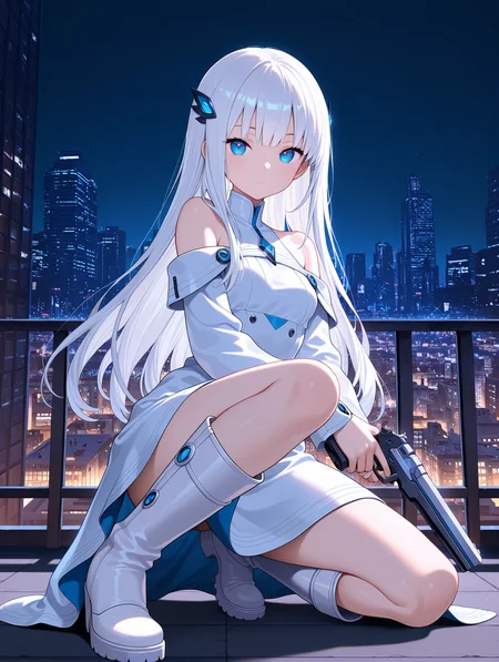 1girl, long hair, gun, weapon, blue eyes, holding gun, hair ornament, one knee, holding weapon, holding, white hair, building, looking at viewer, dress, solo, night, bangs, outdoors, boots, city, white footwear, city lights, cityscape, bare shoulders, long sleeves
,masterpiece,best quality,amazing quality,
