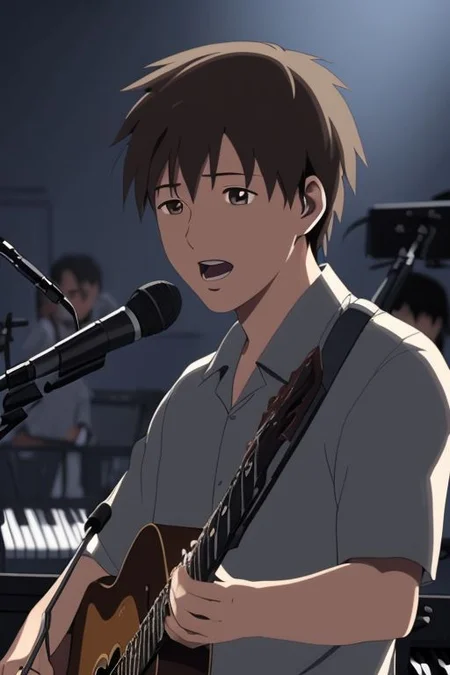 high resolution, solo, best quality, 1Boy, Takaki Toono, Brownish Hair, Brown Eyes, singing, portraits, dept of field, virtual concert, playing musical instrument, OverallDetail