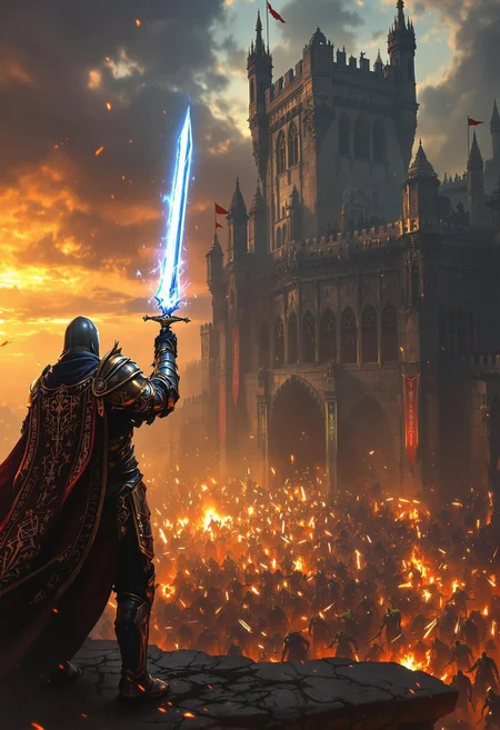 An epic knight, clad in ornate, gleaming armor etched with ancient runes, holding aloft a magic sword that glows with an ethereal blue light, stands resolute at the battlements of a colossal, gothic-style castle. The castle's stonework is intricate, with gargoyles and statues lining the parapets, and banners fluttering in the wind. The knight is viewed from behind, his silhouette stark against a fiery sunset, emphasizing his heroic stance. Below, a vast horde of fantastical enemies - orcs, goblins, and dark sorcerers - surge towards the castle, their weapons and eyes glinting with malice. Embers from nearby fires swirl around, casting dynamic shadows and lighting up the scene with sparks of orange and gold. The air is thick with tension and smoke, the ground scarred from previous battles. Capture this moment in the highest detail, with hyper-realistic textures, reflective surfaces on the armor, and an atmosphere of impending battle