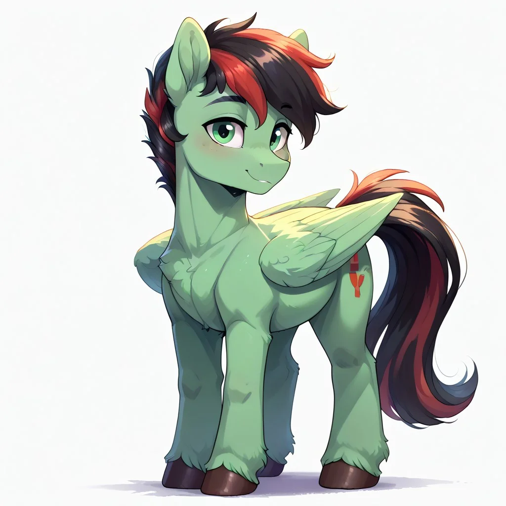 score_9, score_8_up, score_7_up, score_6_up, score_5_up, pony, solo, from my little pony, g4, (anatomically correct), cutie mark, (((pony, feral pony))), detailed, 1 male, 1 stallion, pony, beautiful, adorasexy, chest fluff, fluffy, ear fluff, by dvixie, full body image, facing away from camera image,
white background, no background,
(green body), green eyes, short black mane with red streak, stallion, male, pegasus,
standing, facing away, looking at you, happy, folded wings, close up face