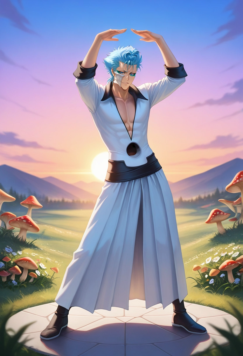masterpiece, best quality, , (photorealistic:0.6), , , 1boy, solo, male focus, <lora:grimmjow_jaegerjaquez_ilxl:0.9>, grimmjow_jaegerjaquez, blue hair, blue eyes, facial mark, arrancar, mask, short hair, fairy grove, flower rings, light motes, mushroom circles, dancing pose, joyful expression, twilight,