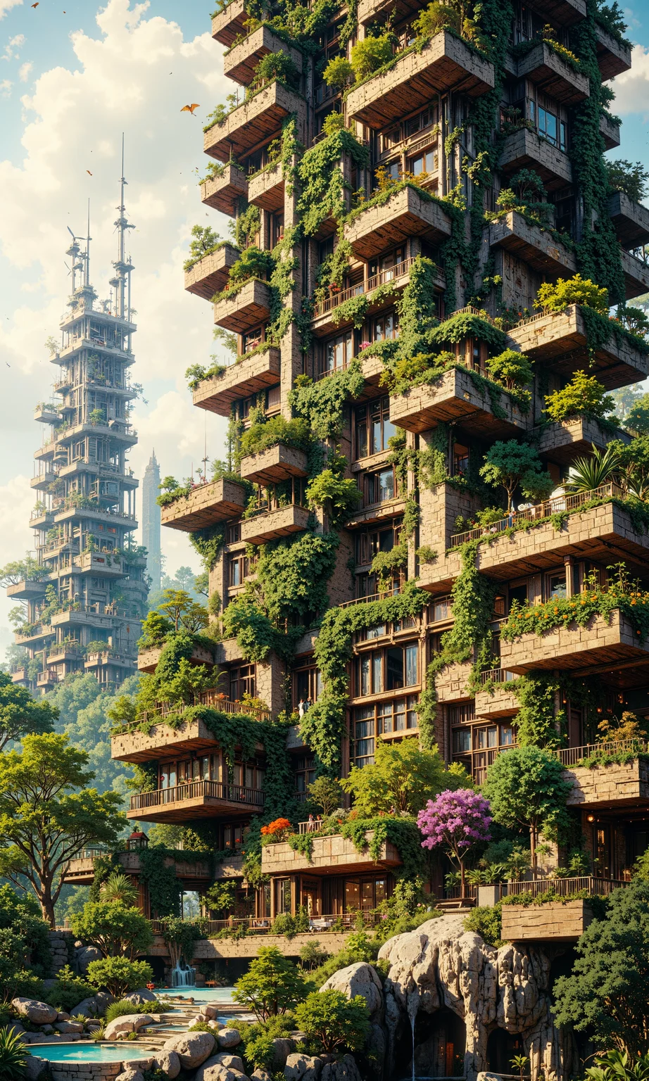 autonomous eco-habitat, advanced solar arrays, vertical gardens, integrated wind turbines, natural light optimization, reclaimed timber structures, seamless terrain blending, geothermal energy, rainwater harvesting, advanced water filtration, smart conservation systems, detailed design, architectural masterpiece, 8k rendering, vibrant green foliage, tranquility, high-resolution output, sustainable future vision, ecological balance, immersive perspective <lora:FluxMythR3alisticF:0.3> <lora:RetroAnimeFluxV1:0.9> <lora:FluxMythG0thicL1nes:0.7> <lora:flux_dev:1>