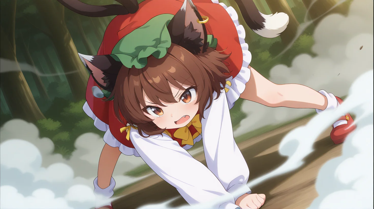 absurdres, highres, masterpiece, best quality, amazing quality, official anime artwork, screencap, anime screencap, forest, outdoors, fighting stance,
<lora:Chen_Illustrious:1> chen, 1girl, solo, brown hair, short hair, brown eyes, cat tail, two tails, cat ears, fang,, mob cap, green hat, single earring, red dress, dynamic pose, smoke,