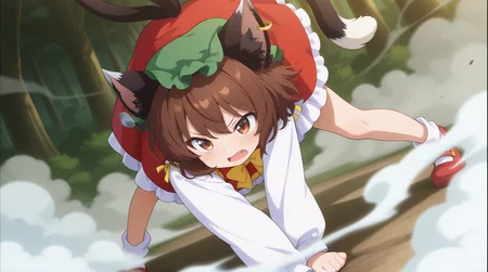 absurdres, highres, masterpiece, best quality, amazing quality, official anime artwork, screencap, anime screencap, forest, outdoors, fighting stance,
<lora:Chen_Illustrious:1> chen, 1girl, solo, brown hair, short hair, brown eyes, cat tail, two tails, cat ears, fang,, mob cap, green hat, single earring, red dress, dynamic pose, smoke,