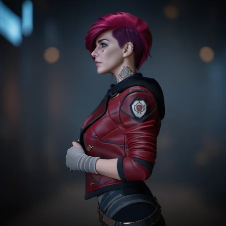 a woman, pink hair, red jacket, steampunk background, <lora:Vi1024-V2:0.8>