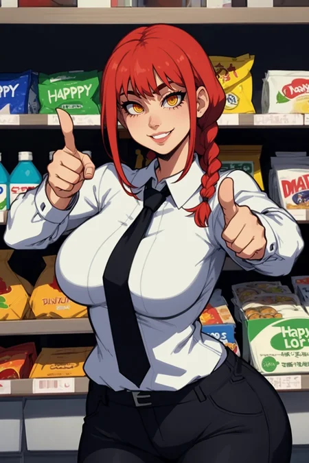 1girl, (solo:1.2), (masterpiece:1.2), (best quality:1.2), (perfect anatomy:1.4), (pointing at viewer:1.5),
<lora:Taigerarts [MockAi - v1.0]:0.7> taiger, (simple shading:1.5), (cell shading:1.2), (large breasts:1.4), (curvy:1.2), (skindentation:1.1)
(cowboy shot:1.5), (dynamic pose:1.5), (looking at viewer:1.5), (expressive face:1.5), (all around happy:1.5), (japanese convenience store:1.4), (inside:1.3), modern, (konbini), shelves, groceries,, <lora:Makima [nochekaiser881 - v1.0]:0.8> makima, long hair, smile, bangs, (yellow eyes:1.2), braid, red hair, braided ponytail, ringed eyes, shirt, long sleeves, white shirt, necktie, collared shirt, pants, black pants, formal, suit, black necktie, shirt tucked in, office lady