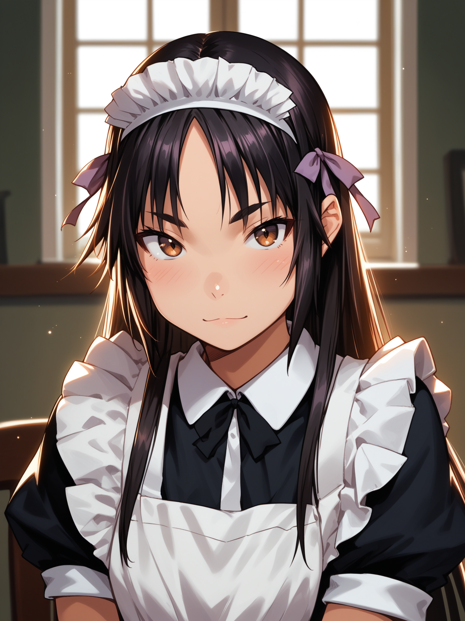 (upper body, solo focus:1.2) <lora:happy_tentacle-hinata-v0.1-000060:1>, ht_hinata, black hair, brown eyes, very long hair, maid, maid headdress, apron (petite:1.2), <lora:Shed_The_Skin's StS_age_slider_v1_initial_release:-1.1> ( :1.1) ( , , ( :1.2) , , (looking at viewer:0.6) :1.2) , indoors, ((night, night sky :0.6), :0.8), ( window :0.9), (furniture:0.9), , , , people , ( :0.9) ( :0.8) score_9, score_8_up, score_7_up, score_6_up, score_5_up, score_4_up, ( [(realistic, photorealistic:1.3):(realistic:1.2):16] [(3d:1.2)::14] :1) <lora:LUUNA's Lunas-NijiJourney-SDXL-B2:0.35>, nijijourney <lora:prgfrg23's Counterfeit-V3.0 Style SDXL_LoRA_Pony Diffusion V6 XL:0.5> <lora:mfcg's mfcgXL:0.12> <lora:reweik's gyokai(himehajime)_PonyXL_style_v01:0.14>