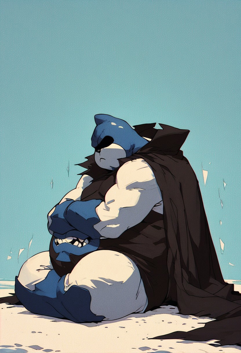 solo, full body, source_cartoon, score_9, score_8_up, score_7_up, , rating_safe, safe, (SFW), BREAK, 1boy, solo,( king of spades, spades (suit), male, belly, blue tongue, chubby, blue body, white body, crown, monster, belly mouth, belly, fangs, teeth,), BREAK, frown, abstract background, black_cape, (hidden eyes:1.4), (eyeless:1.3) BREAK,   (zPDXL3),  (retro artstyle, halftone effect), hands on belly, sleeping, side view, sitting, leaning foward,