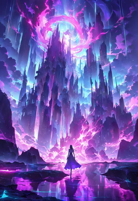 serene night, beautiful sky, dancing silhouette, Complex landscape, best quality, pastel colors, light blue tint, aesthetic Ethereal, Effulgent, Idyllic atmosphere, Tranquil, ethereal quality, cinematic volume, Twinkling lighting, glowing aura, global illumination, glowneon, Anisotropic Filtering, Unrivaled Opus, Unconventional, hyper detailed, HDR,