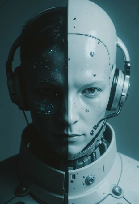 A hyper-realistic, unsettling close-up portrait fusing two enigmatic figures into a single, otherworldly being. The spectral, all-knowing cyborg emerges with a smooth, glowing surface of advanced technology, its face featureless yet alive with intricate digital patterns. Electric blue lines pulse across its surface, shifting and morphing like a living neural network, suggesting an existence within a vast interconnected web. Hollow eyes radiate an eerie, ethereal quality, as if seeing beyond the physical realm, and glowing circuits blend seamlessly into its surroundings, a deep gradient from white to pale blue filled with subtle digital glitches hinting at higher intelligence.
From the shadows of this cybernetic form, the rugged presence of a slightly muscular man emerges as a faint duality. His unkempt hair falls like strands of static across the glowing face, revealing one piercing eye that gleams with intensity. A sly, mischievous grin hints at a dangerous charisma, contrasting with the pastel-colored T-shirt and oversized vintage black headphones resting heavily against the figure’s sleek, technological frame. The pale monitor glow casts an eerie light over both organic and digital textures, blending the rugged and the spectral into a single captivating, otherworldly presence. The result is an unnerving harmony of man and machine, a haunting observer that feels alive yet unreachably distant.