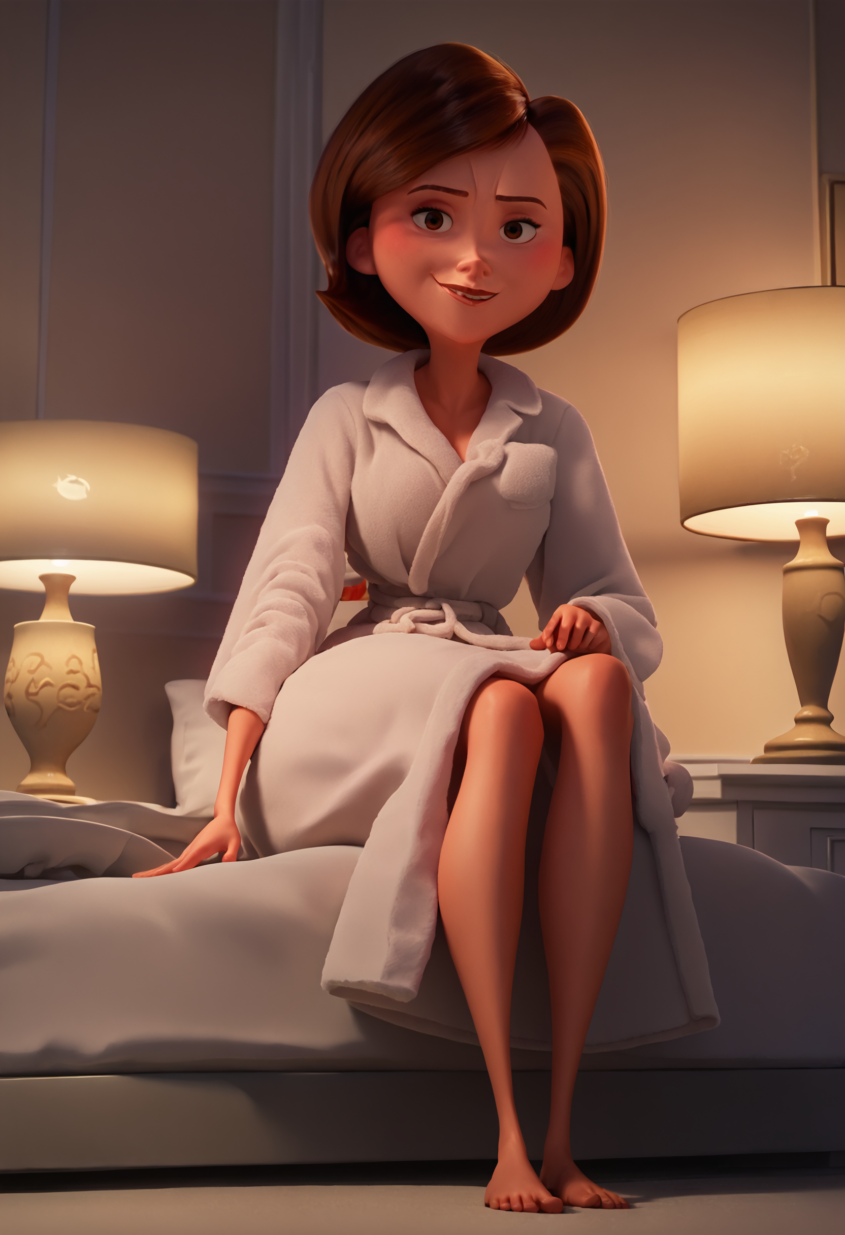 <lora:HelenParrPony1.1_r1:1>, score_9, score_8_up, score_7_up, score_6_up, score_5_up, score_4_up, looking at viewer,helen parr, 1girl, bathrobe, solo, brown hair, barefoot, sitting, short hair, smile, lamp, bed, indoors, lying,looking at viewer,