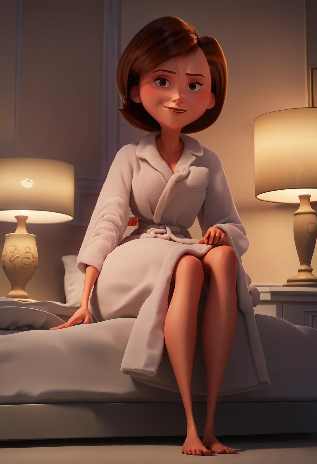 <lora:HelenParrPony1.1_r1:1>, score_9, score_8_up, score_7_up, score_6_up, score_5_up, score_4_up, looking at viewer,helen parr, 1girl, bathrobe, solo, brown hair, barefoot, sitting, short hair, smile, lamp, bed, indoors, lying,looking at viewer,