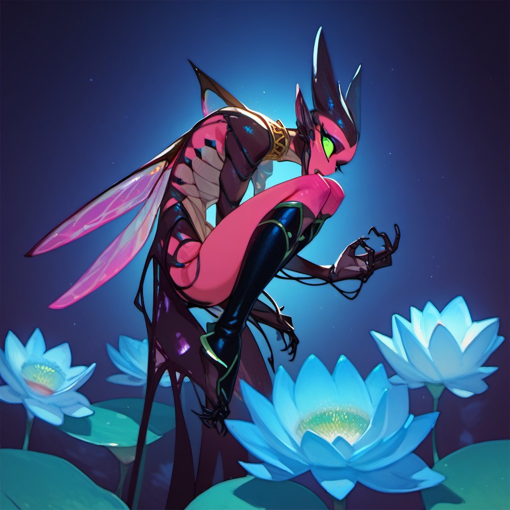 score_9, score_8_up, score_7_up, score_6_up, dark faerie, flying at night, beautiful face, heavy black boots, highly detailed, blue lotus blossom, insect wings, twisting brambles, monster boy, perfect eyes looking at viewer, cyan and magenta, colored skin,