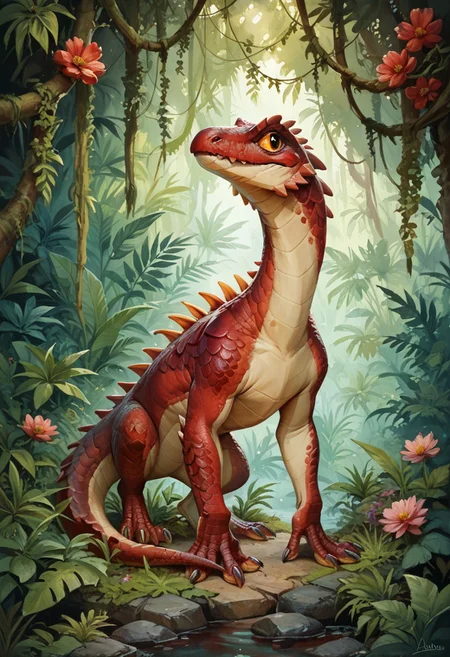score_9, score_8_up, score_7_up, rating_questionable,score_9, score_8_up, score_7_up, BREAK,burgundy Dino,small Dino,maroon scales,full body, jungle background,highly detailed,intricate details,warm and cozy,hyper realistic,