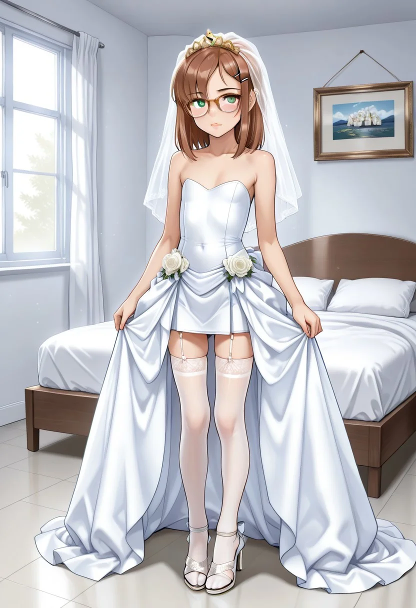score_9, score_8_up, score_7_up, score_6_up,,bedroom,,, , ,
l1lm3g4n, 1girl, solo, glasses, green eyes, hairclip, brown hair, perfect Small flat chest natural breasts; standing, Full body,
Wedding dress, Wedding veil, Golden tiara, White Wedding stockings, white high heels sandals, high heels