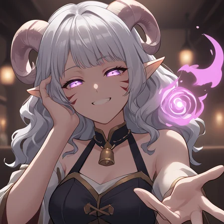 source_furry, score_7_up, rating_safe, cowboy shot, close up, source_anime, anime face, <lora:whisker_markings:0.8>red whisker_markings, silver long wavy hair, tavern, bell necklace, short pointy ears, purple eyes, <lora:age_slider_v4:0.6>
<lora:Tieflingnew weird fantasyDND:0.3><lora:Smooth Style 2 SDXL_LoRA_Pony Diffusion V6 XL:0.3> smile, open eyes, shadow, <lora:Test_Diana:0.6> tiefling_bard_diana, <lora:INKxXmo shaded face:1> Shaded Face, INKxXmo Dark Theme,
(((outstretched hand, pink aura effect on hand, (magic aura on hand glowing pink: 1.21), palms, hand to viwer, pink smoke aura effect on hand))), glowing hand, <lora:healing_magic:0.7> <lora:Dark_Smoky_Aura:0.3> Aura, Smoke
