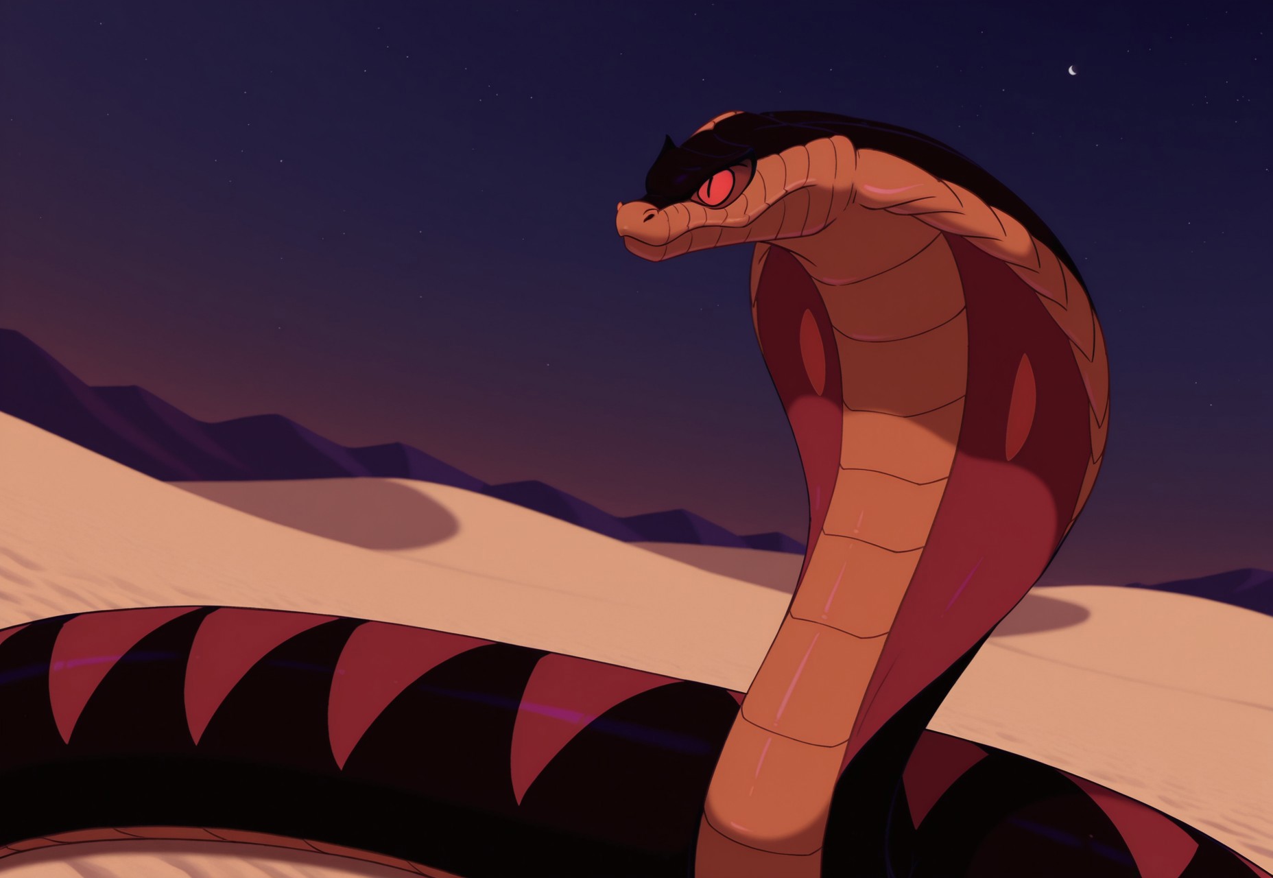 8k, uncensored, masterpiece, best quality, highly detailed, realistic, 1boy, solo, furry, feral, scalie, snake, cobra, reptile, snake hood, dark-orange body, dark-orange scales, black body, black scales, two tone body, two tone scales, (smile), desert, sand, night sky, detailed background, long body, (side view, looking up, red sclera, black eyes, slit pupils, looking up) red body markings
