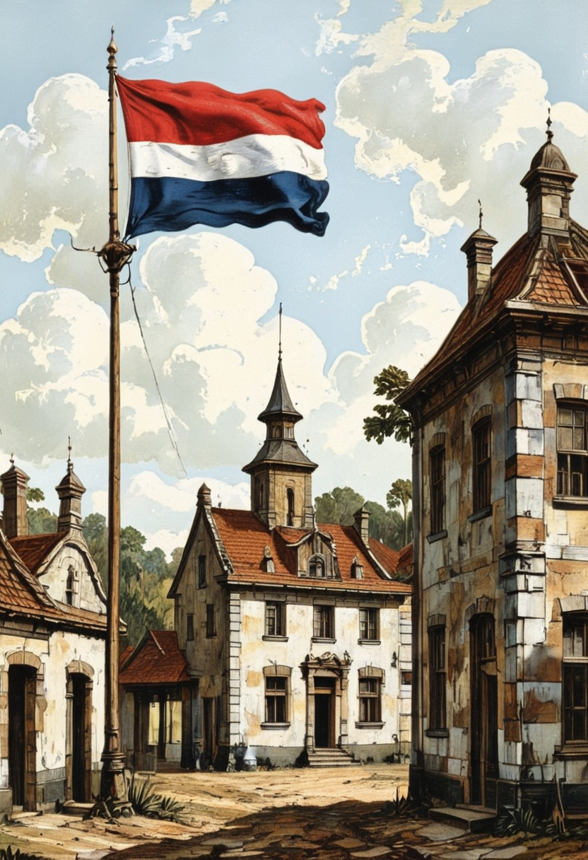 A Dutch flag flying over a small colonial administrative post., in memadukan_painter art style, 19th century indies vintage illustration by Auguste van Pers, painting