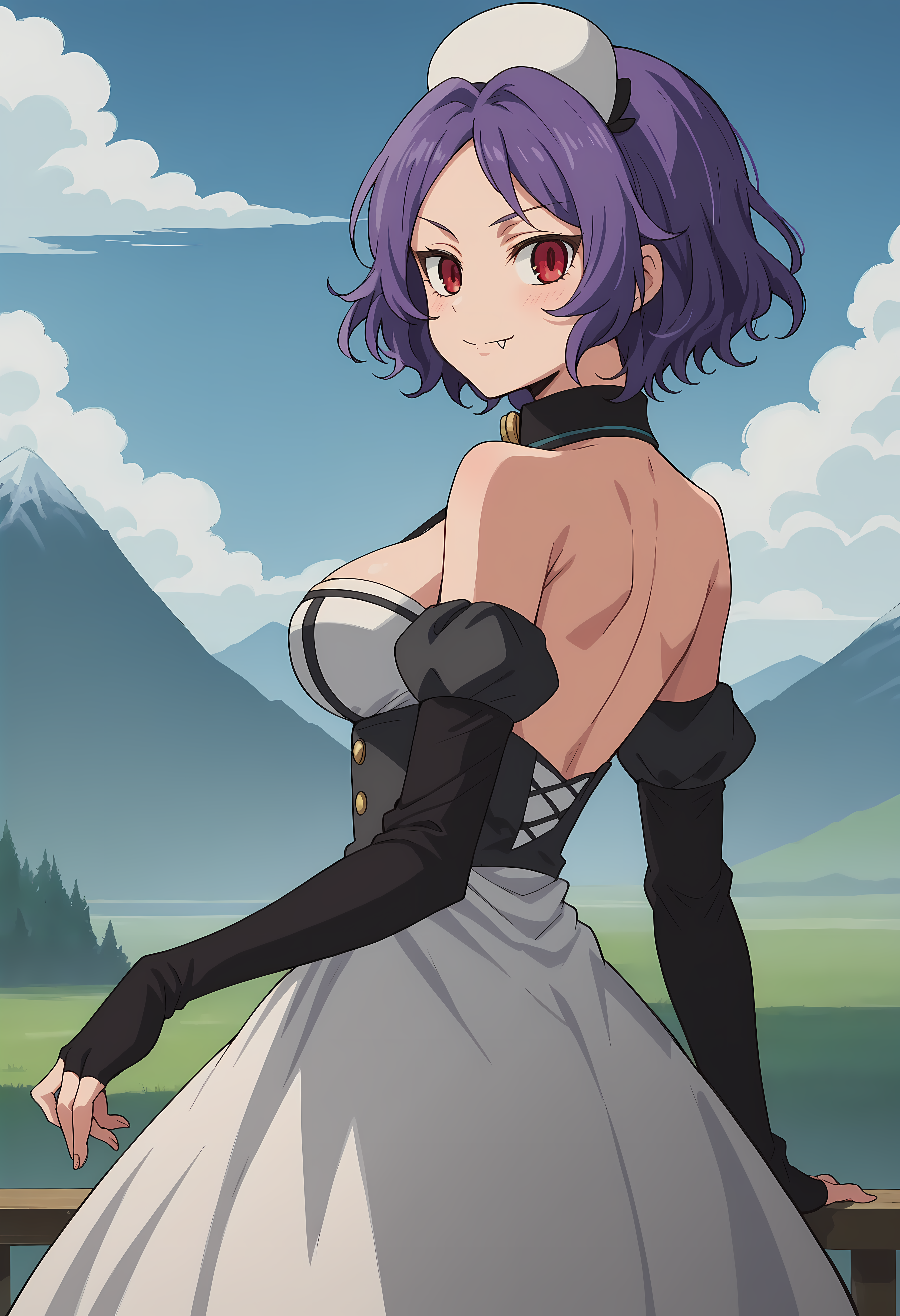 score_9, score_8_up, score_7_up, source_anime, 2d, BREAK, anime coloring, anime screencap, 
ChessBelle, 1girl, short hair, purple hair, red eyes, big breasts, fang,
white hairband, black collar, yellow ornament, bare arms, black sleeves, fingerless gloves, white dress, black material on dress,
 <lora:chess_belle_0-000025:1>,
mountain, from side, looking at viewer, looking back, 
detailed eyes, zPDXL, perfect faces, uncensored, rating_explicit