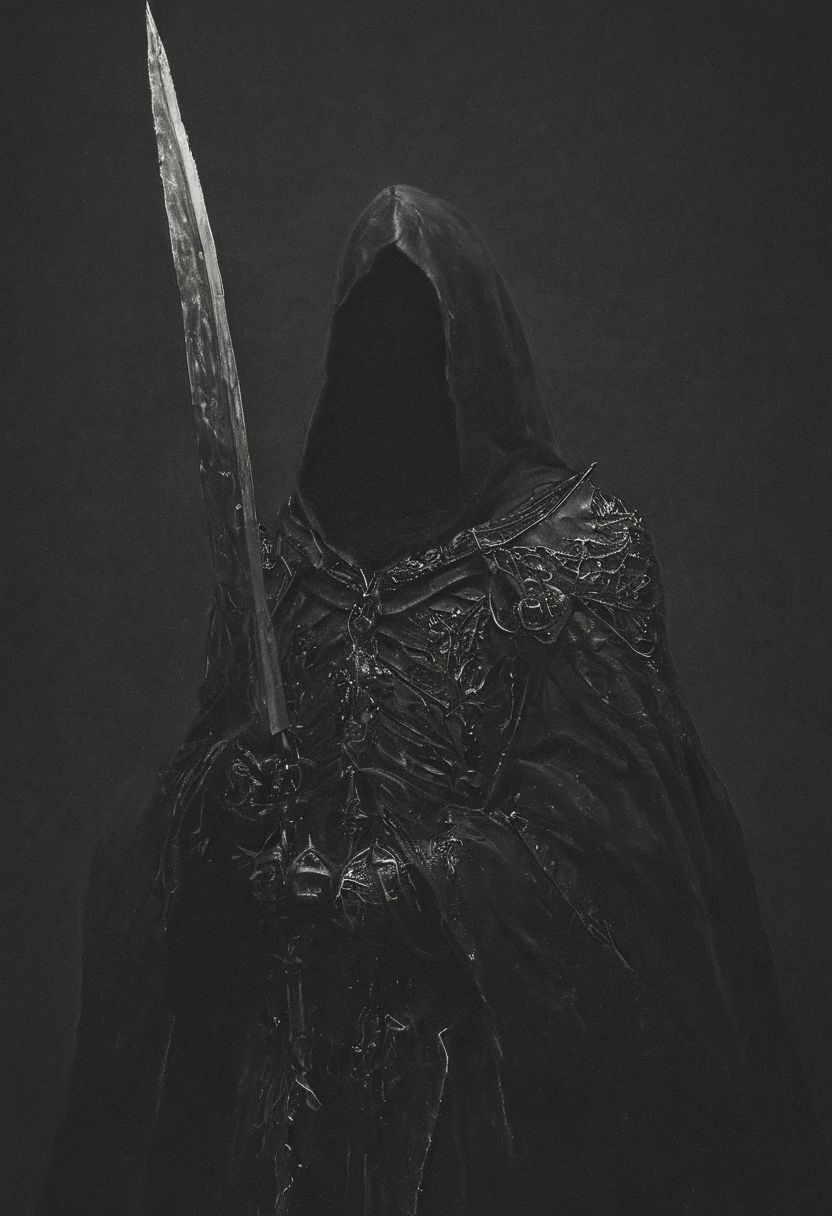 grim reaper standing in the deepest part of the abyss, smiling with sharp fangs, glistening silk cloak of black, detailed intricate amazing armor made of bone, death scythe in one hand, extremely detailed, Cinematic Lighting, Movie Still, ais-darkpartz
