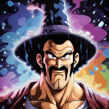 anime illustration by Akira Toriyama,Mr. Satan man, masterpiece azulejo texture, portrait, Paint splatter of a Swirling Glistening fit (Man:1.1) with Polyurethane skin, Witch Hat, Raining, Visual novel, divisionism, Neon Light, Iridescent color grading,<lora:mr_satan-000007:0.8>