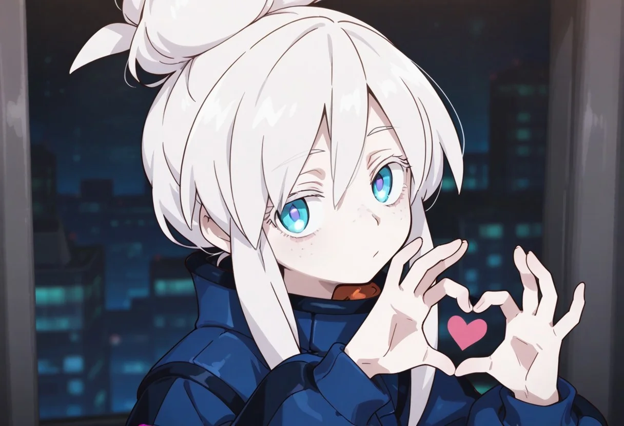 gundam_gquuuuuux_deux_murasame, 1girl, solo, white hair, blue eyes, single hair bun, blue jacket, long sleeves, freckles,
looking at viewer,
((heart gesture)),