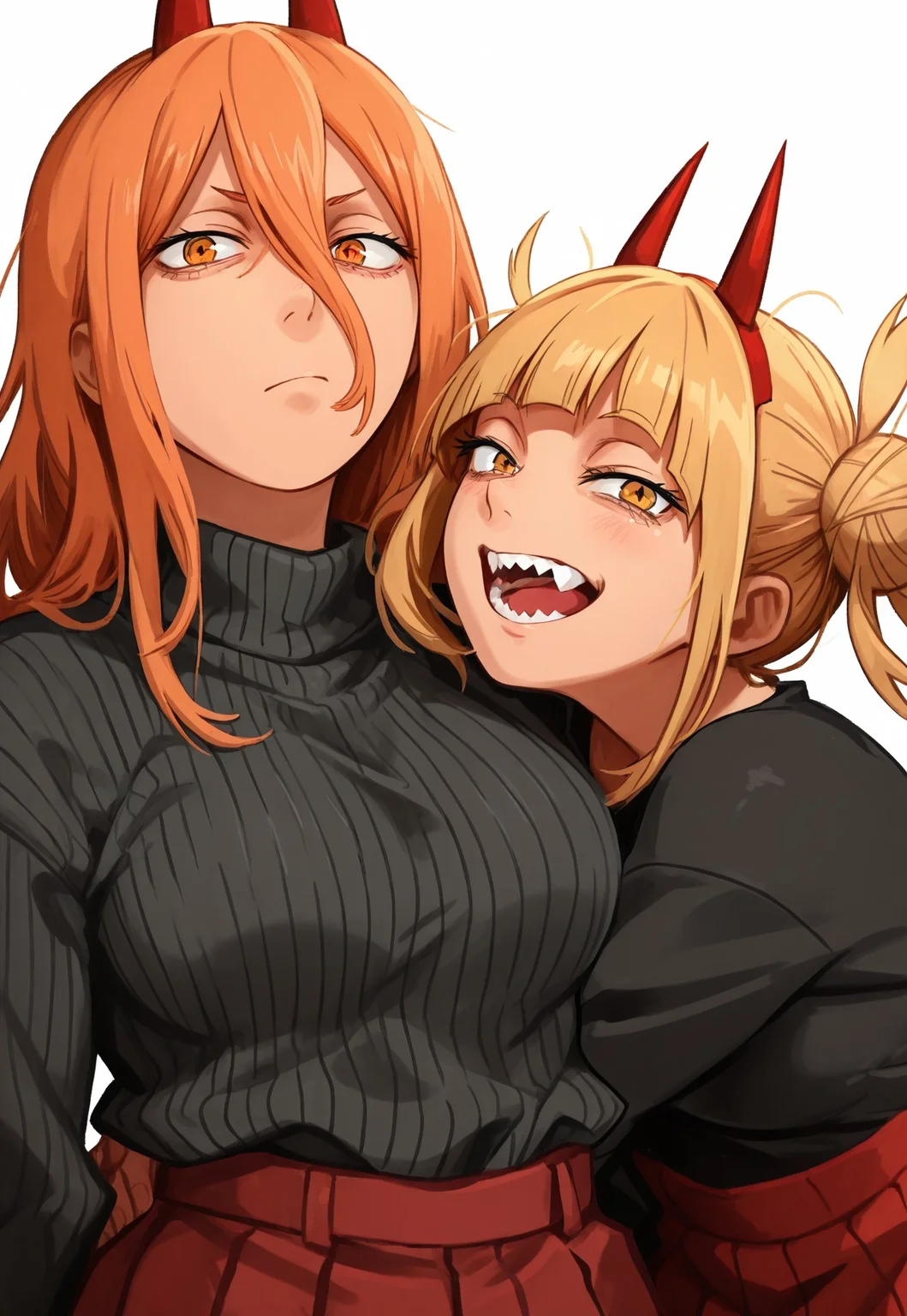 khle2, power_(chainsaw_man), toga_himiko, boku_no_hero_academia, chainsaw_man, 2girls, black_sweater, blonde_hair, closed_mouth, cross-shaped_pupils, crossover, demon_girl, demon_horns, hair_between_eyes, high-waist_skirt, horns, long_hair, long_hair_between_eyes, multiple_girls, open_mouth, orange_hair, red_horns, red_skirt, sharp_teeth, simple_background, skirt, sweater, symbol-shaped_pupils, teeth, white_background, yellow_eyes, masterpiece, masterfully drawn, amazing quality, best quality, incredibly absurdres, elegantly detailed, very aesthetic, illustration, sharp-lines, crisp-image, latest
