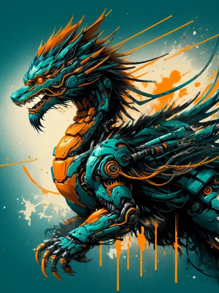 dragon, mad-cbrpnksplshrt,<lora:Splash_Art_SDXL:1.2> teal and orange, (masterpiece:1.2), best quality