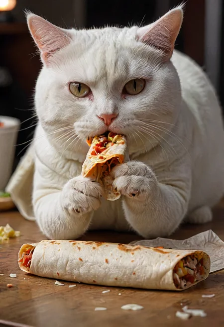thicc white cat, backside, eating a burrito, detailed, perfect composition , dark, muted, eldoria, <lora:eldoria:0.8>