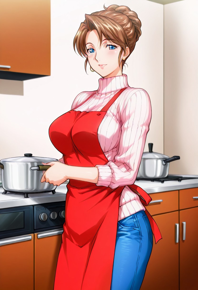 masterpiece, anime screencap, anime coloring, official style,
1girl, solo,
(mami anezaki, brown hair, blue eyes, hair bun, single hair bun,milf,apron, denim, jeans, pants,ribbed sweater, sweater,),looking at viewer, smile,kitchen,
