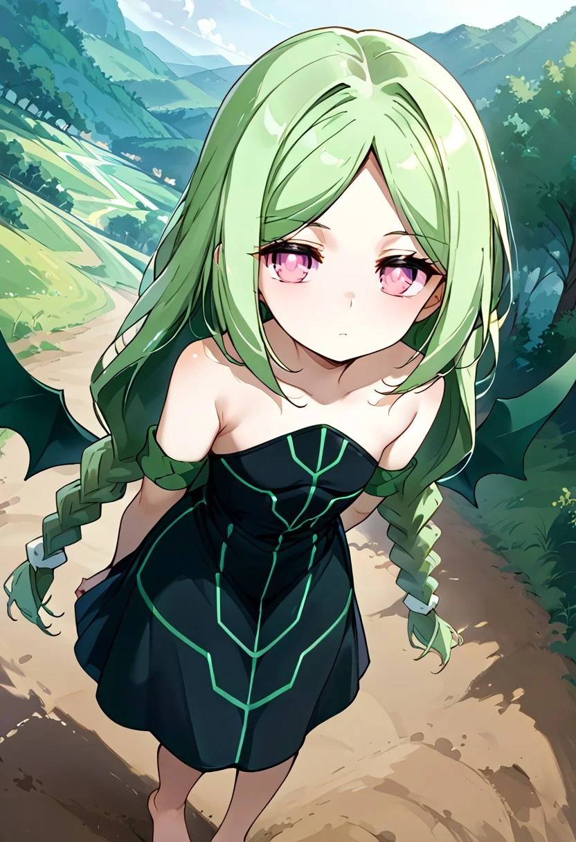 score_9, score_8_up, score_7_up, source_anime, momose kajitsu, 1gril, solo, green hair, long hair, parted bangs, twin braids, pink eyes, small breasts, bare shoulders,green striped black dress,strapless, strapless dress, long dress, green armband, wings, barefoot,, bike ride, countryside, dirt road, trees, afternoon sun, peaceful, alone, hands behind back, bent over, expressionless,, cowboy shot, dutch angle, eye_focus, close-up, solo, looking_at_viewer,
