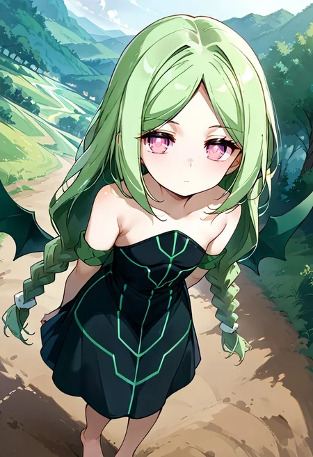 score_9, score_8_up, score_7_up, source_anime, momose kajitsu, 1gril, solo, green hair, long hair, parted bangs, twin braids, pink eyes, small breasts, bare shoulders,green striped black dress,strapless, strapless dress, long dress, green armband, wings, barefoot,, bike ride, countryside, dirt road, trees, afternoon sun, peaceful, alone, hands behind back, bent over, expressionless,, cowboy shot, dutch angle, eye_focus, close-up, solo, looking_at_viewer,