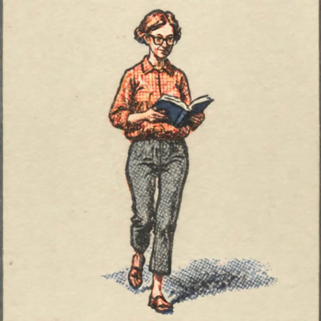 ASCIIVeryBadPrint , full body shot, Realistic , woman portrait, glasses, read a book walking,