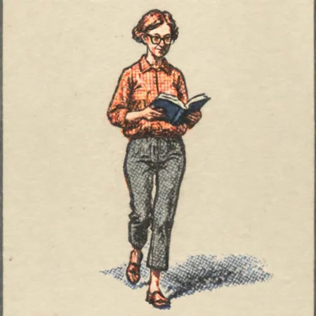 ASCIIVeryBadPrint , full body shot, Realistic , woman portrait, glasses, read a book walking,