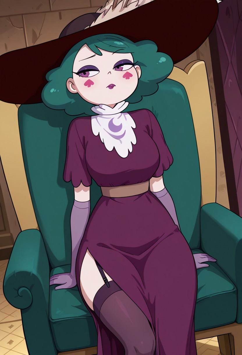 good quality, best quality, masterpiece, absurdres, high resolution, anime screencap, anime coloring, traditional media, masterpiece, best quality, amazing quality, very aesthetic, high resolution, ultra-detailed, absurdres, Indoors, dutch angle, cowboy shot
eclipsaILL
solo, green hair, purple eyes, makeup ,long purple dress, long hair, pantyhose, purple lipstick, elbow gloves, purple gloves, jewelry, hat, hat feather, garter straps, black footwear, eyeshadow, medium hair, milf, sitting, chair,