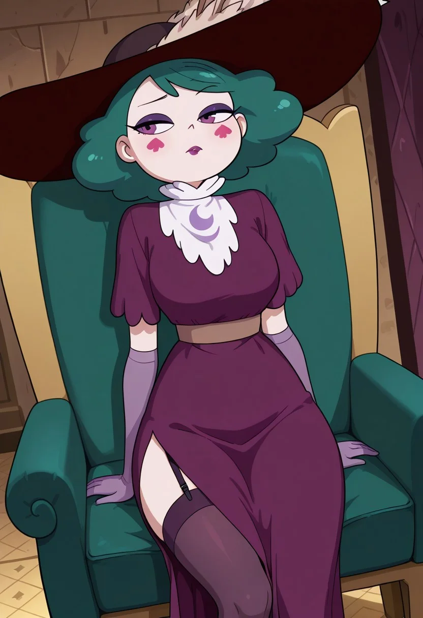 good quality, best quality, masterpiece, absurdres, high resolution, anime screencap, anime coloring, traditional media, masterpiece, best quality, amazing quality, very aesthetic, high resolution, ultra-detailed, absurdres, Indoors, dutch angle, cowboy shot
eclipsaILL
solo, green hair, purple eyes, makeup ,long purple dress, long hair, pantyhose, purple lipstick, elbow gloves, purple gloves, jewelry, hat, hat feather, garter straps, black footwear, eyeshadow, medium hair, milf, sitting, chair,
