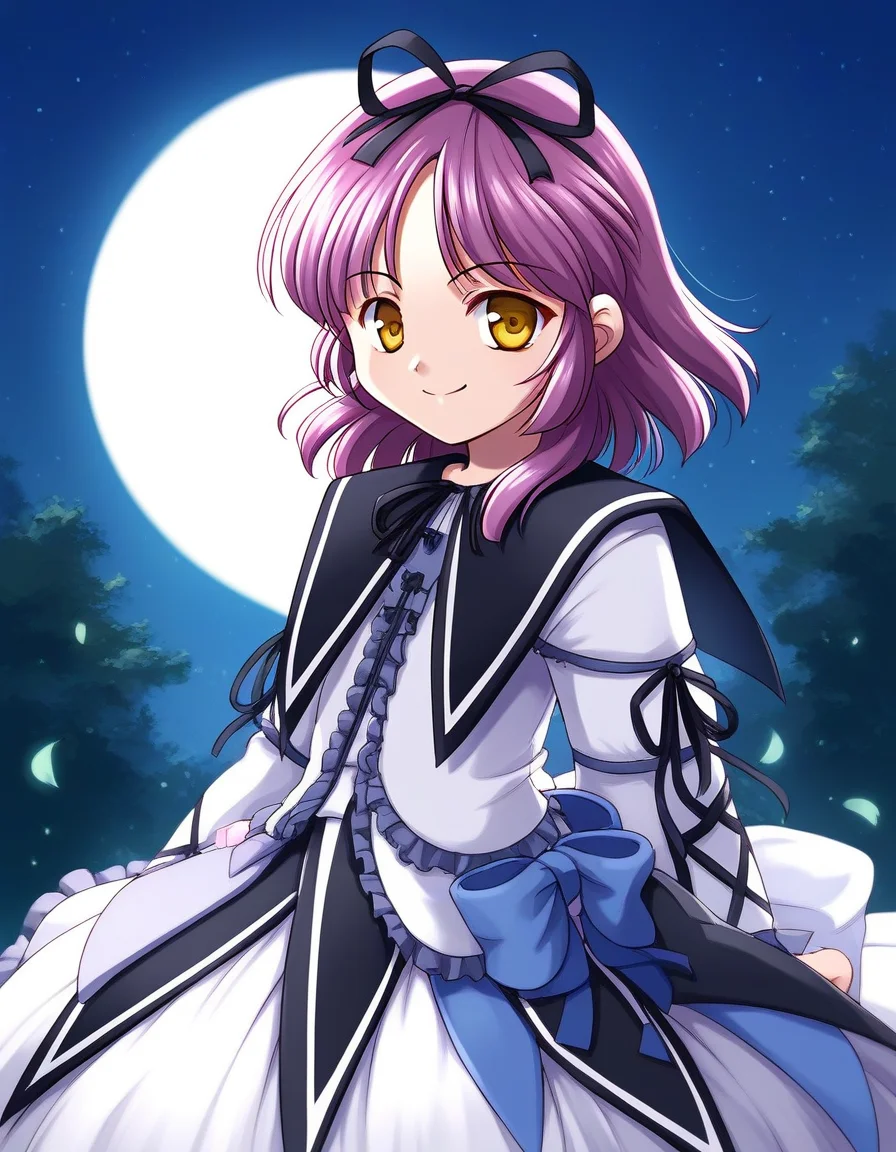 score_9, score_8_up, score_7_up, source_anime, rating_explicit, BREAK <lora:Renne_Bright_XL:1> Renne_Bright, purple hair, medium hair, yellow eyes, hair ribbon, black ribbon, short stack,
1girl, solo, smile, ribbon, dress, bow, frills, white dress, skirt, long sleeves,
night, full moon,
smile,
looking at viewer,
cowboy_Shot,