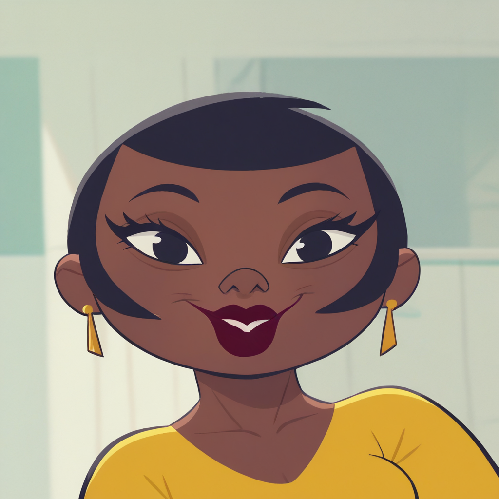 score_9_up, score_8_up, BREAK, ChristineBluestone, 1girl, solo, black hair, short hair, black eyes, dark skin, lipstick, earrings, yellow dress, upper body,  <lora:ChristineBluestone_PXL_Leaf1:1>, looking at viewer,